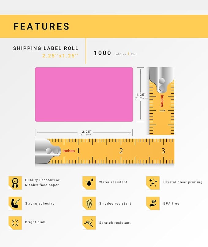 HOUSELABELS 2.25" x 1.25" Pink Address Labels on 1" Core Compatible with Zebra and Rollo Printers, 16 Rolls / 1,000 Labels per Roll