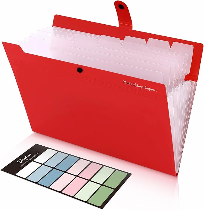 SKYDUE 8 Pockets Expanding File Organizer, Expandable File Folders with Pockets, Portable Document Paper Organizer, A4 Letter Size Filing Folder, Snap Closure, Red