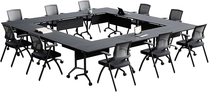 Goakwwuz Conference Room Table, Folding Conference Tables,Thicken Grey Tabletop,Flip Top Wooden Seminar Meeting Room Table for Conference Room Offices (10, BlackWoodGrain, 47.2“)