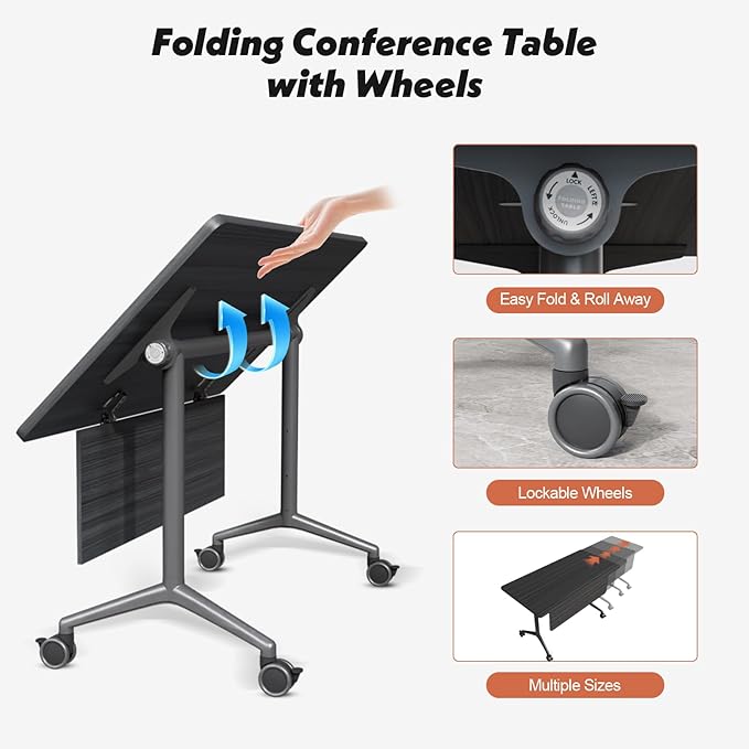 Goakwwuz Conference Room Table, Folding Conference Tables,Thicken Grey Tabletop,Flip Top Wooden Seminar Meeting Room Table for Conference Room Offices (4, BlackWoodGrain, 70.8”)