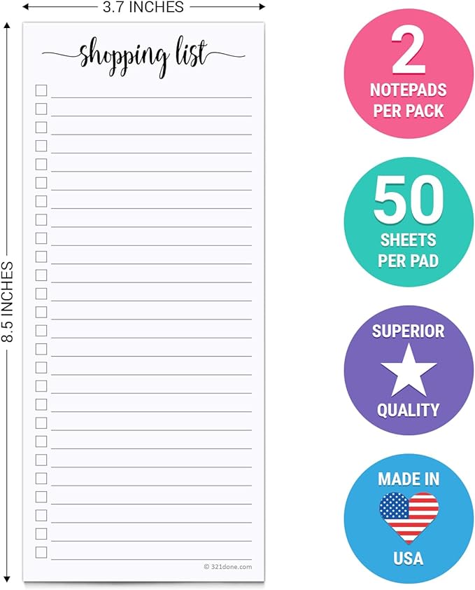 321Done 2-Pack Slim Shopping List Notepad, Made in USA - 3.7x8.5, College Ruled, Minimalist Stylish Handheld Grocery List, Store, Market, Pad for Planning, Organizing, Meal Prep - 50 Sheets per Pad