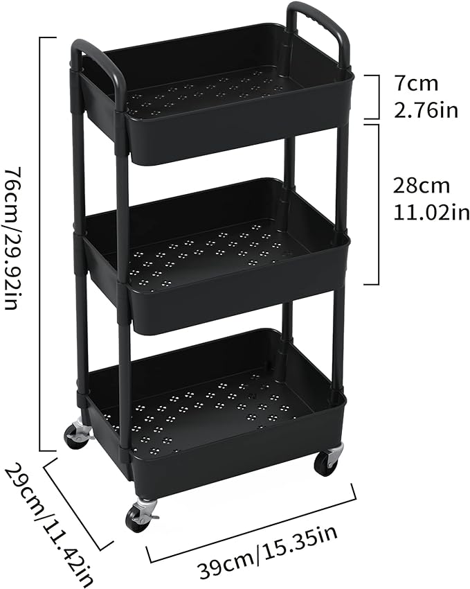 Sywhitta 3-Tier Plastic Rolling Utility Cart with Handle, Multi-Functional Storage Trolley for Office, Living Room, Kitchen, Movable Storage Organizer with Wheels, Black