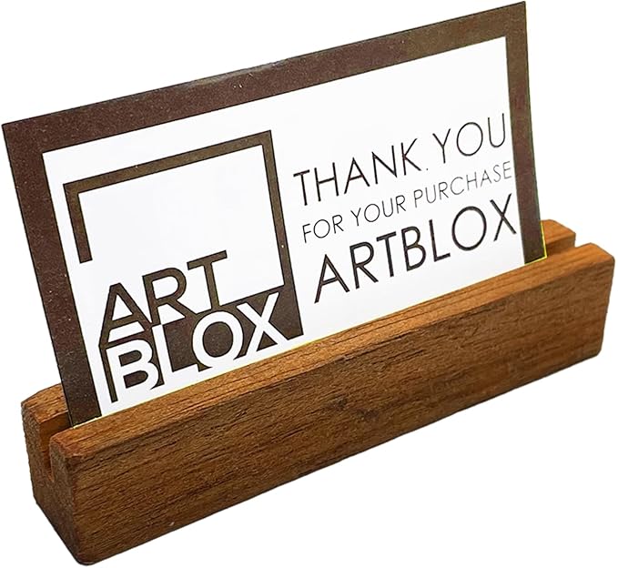 Artblox Personalized Office Desk Name Plate With Business Card Holder | Clear Acrylic Glass with Teak Wood Stand | Black Gold Stripe Design Customized with Your Name and Credentials Office Desk Décor