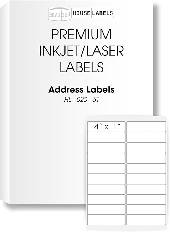 HOUSELABELS 20-up Shipping Labels (4" x 1") for Laser and Inkjet Printers, 50 Sheets
