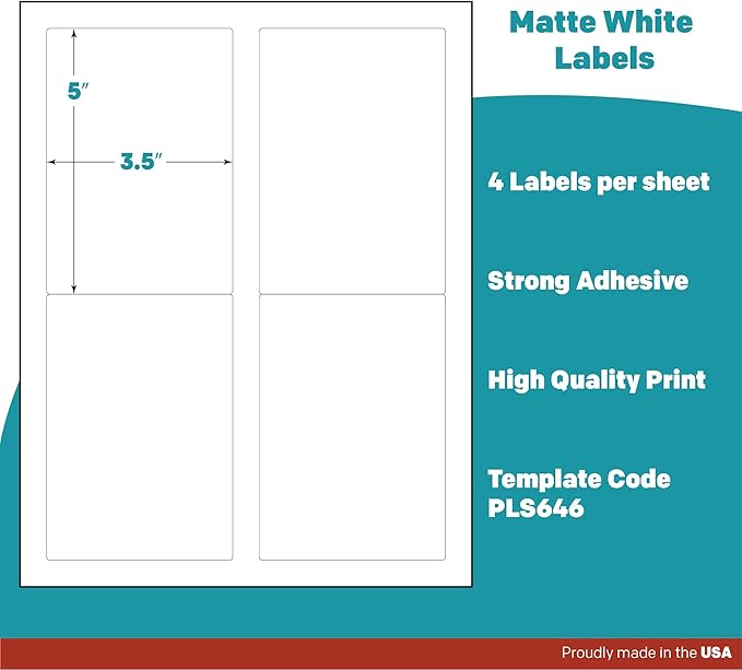 Premium Label Supply White Sticker Mailing/Shipping Labels – 3.5" x 5" – Laser/Inkjet Compatible – (4 per Sheet), 1000 Sheets - 4,000 Total Adhesive Labels