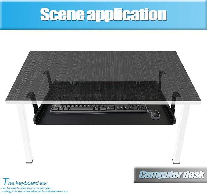 FRMSAET Under Desk Keyboard Tray Heavy-Duty All-Metal Material 20/24/30 inches Platform Computer Drawer Organizer Home Office Kitchen Bedroom Garage Storage Tool - Easy to Install.(20 inches, Black)