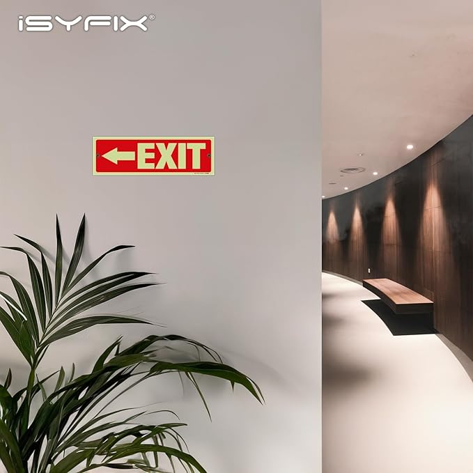 iSYFIX Exit Signs with Directional Left Arrow - 12 Pack 12x4 Inch Glow in the Dark for Business, School, Office, Warehouse - Durable 40 Mil Polystyrene, UV Laminated, Waterproof, Scratch & Fade Resistant