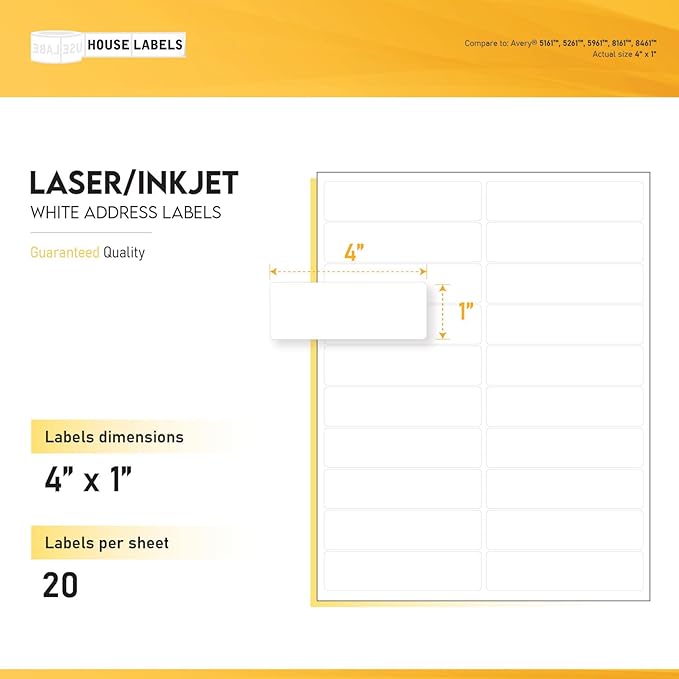 HOUSELABELS 20-up Shipping Labels (4" x 1") for Laser and Inkjet Printers, 100 Sheets
