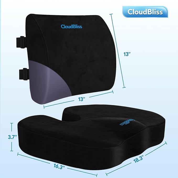 CloudBliss Seat Cushion, Office Chair Cushion,Car Seat Cushion, Lumbar Support Pillow for Office Chair, Back Support Memory Foam Pillow Coccyx Cushion for Tailbone & Sciatica Pain Relief,Black,X-Large