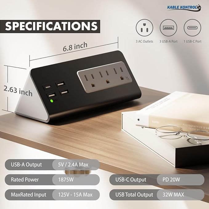 Kable Kontrol Desk Clamp Power Strip with USB-C Port, Nightstand Charging Station, 3 AC Outlets, 3 USB-A Ports, Fast Charger, Easy Installation for Home, Offices, Hotels – 4.9 Ft, Black, 20 Pcs