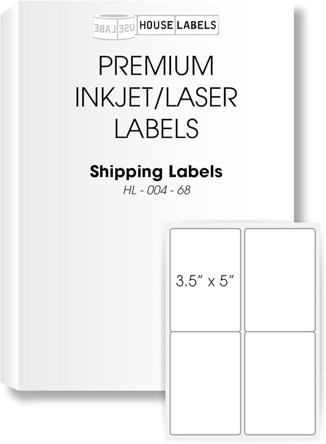 HOUSELABELS 4-up Shipping Labels (3-1/2" x 5") for Laser and Inkjet Printers, 2,000 Sheets