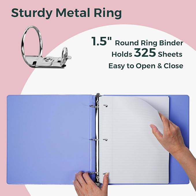 POPRUN 3 Ring Binder 1.5 Inch, PVC-Free, Holds 325 Sheets of 8.5 x 11 Paper, Extra Durable Organizer with 2 Pockets for School & Office, Heavy-Duty, 2 Pack, Prussian Blue