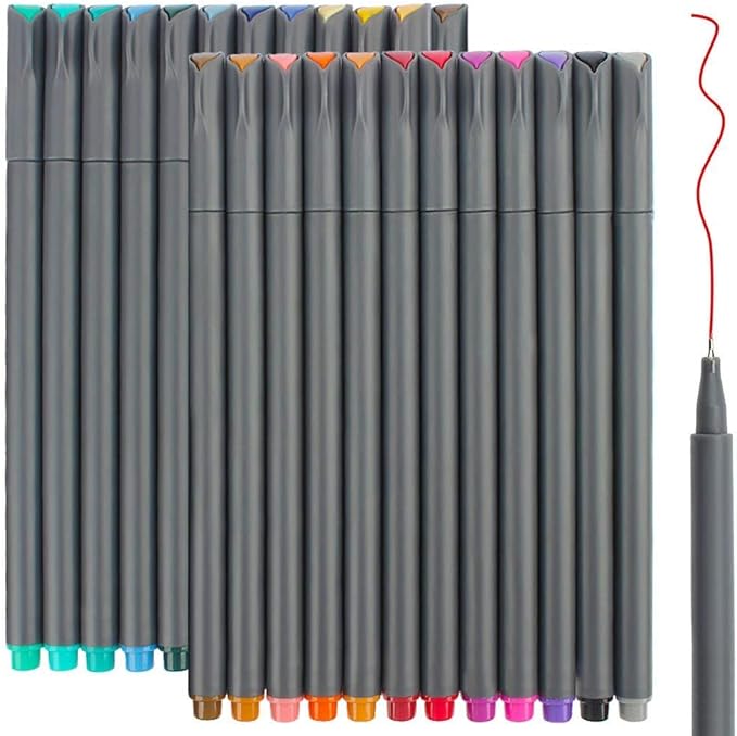 Taotree 24 Fineliner Color Pens, Fine Line Colored Sketch Writing Drawing Pens for Journaling Planner Note Taking Adult Coloring Books, Porous Fine Point Markers, Office Teacher Art Supplies
