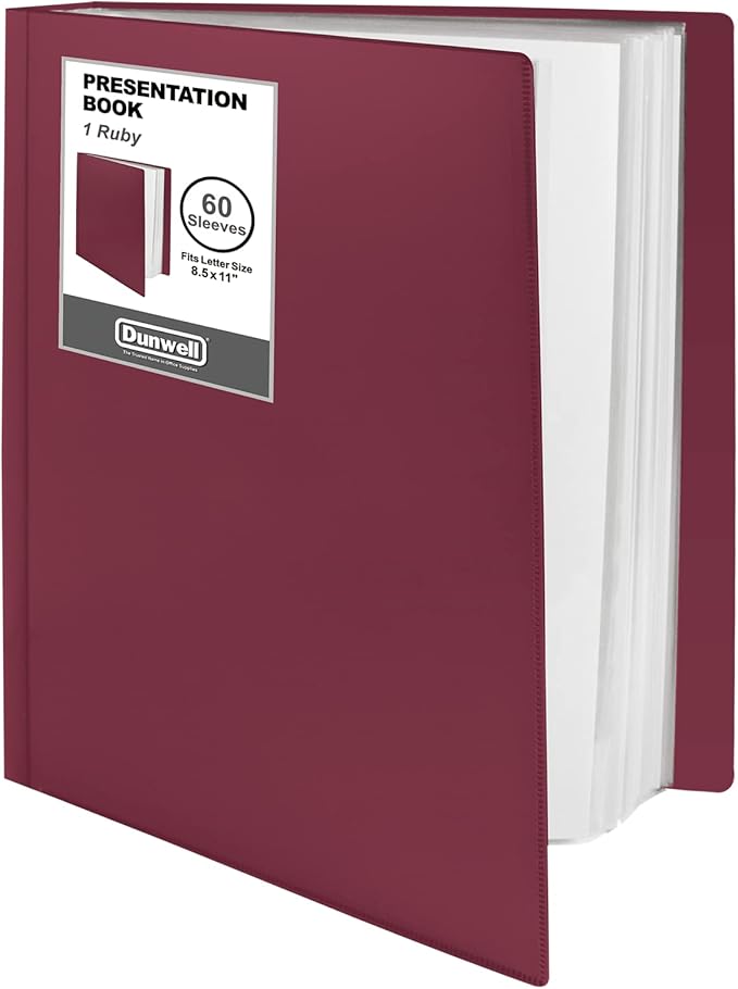 Dunwell Presentation Binder 60-Pocket, Displays 120 Pages, 8.5x11 Portfolio Binder with Plastic Sleeves, Storage and Organizer for Documents, Photos, Kids Artwork, Projects, Recipes (Ruby)