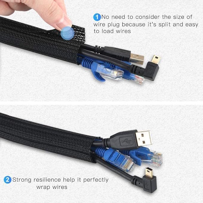 AGPTEK Cable Sleeve Cover, 10ft - 4/5 inch Desk Cord Organizer Cable Hider, Home Office Wire Management Computer TV Wire Loom Tubing, Pet Proof Cord Protector, from Cat Dog Chewing, Black