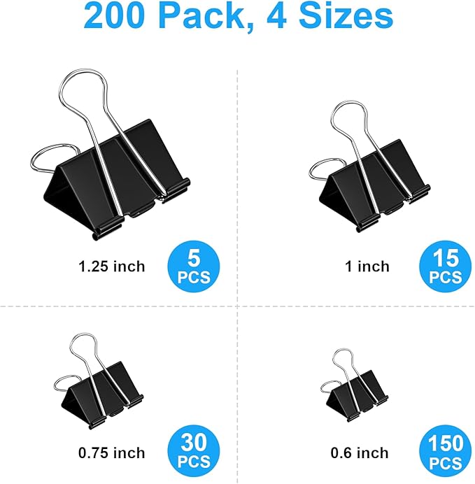 200 Count Binder Clips Assorted Sizes, 4 Sizes Large, Medium, Small, Mini, Metal Paper Clamps, Bulk Black Clips Office Supplies (1 1/4", 1", 3/4", 1/2 Inch) KKEETUR