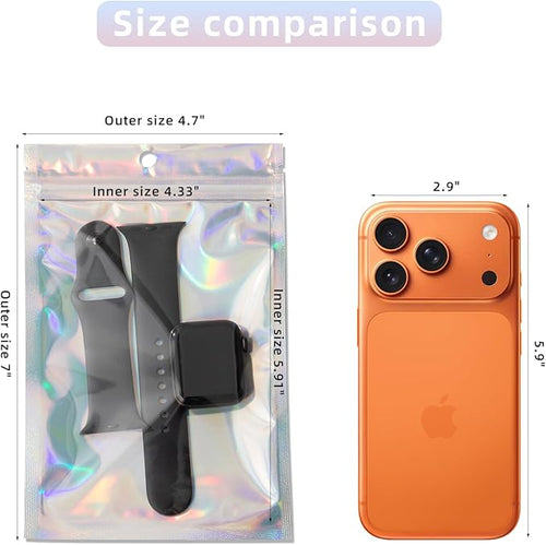 100Pcs Holographic Packaging Bags, 4.7x7 inch Resealable Foil Pouch Mylar Sample Bag Great for Small Business and Party