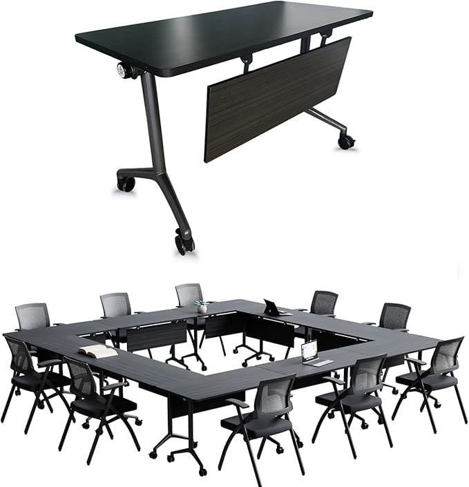 Goakwwuz Conference Room Table, Folding Conference Tables,Thicken Grey Tabletop,Flip Top Wooden Seminar Meeting Room Table for Conference Room Offices (8, BlackWoodGrain, 47.2“)