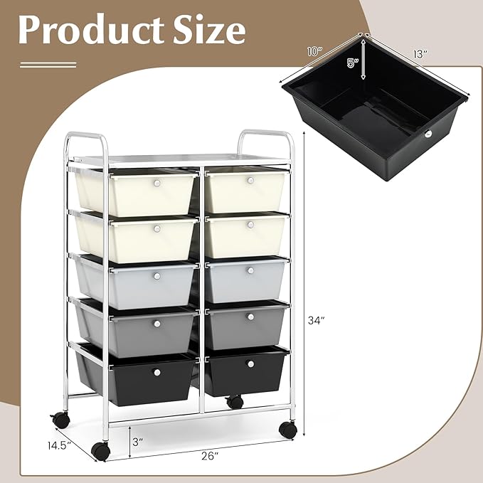 GOFLAME 10-Drawer Rolling Storage Cart, Art Craft Storage Organizer on Wheels, Multipurpose Movable Utility Cart for School, Office and Home, Grey Gradient