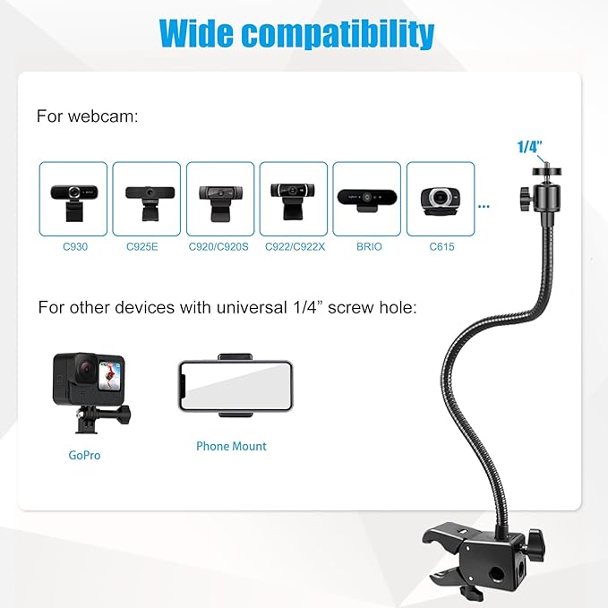 Khazylorr Webcam Stand, Webcam Mount Gooseneck Arm with Phone Holder Web Camera Stand Desk Mount Clip Clamp for Logitech Webcams C922 C930e C920S C920 C615 C960 C920x BRIO 4K NexiGo N60 and More
