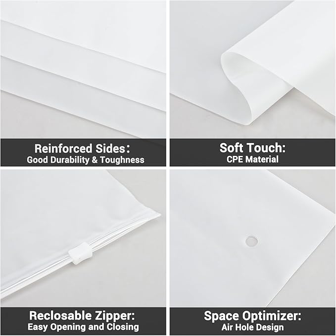 Svaldo Clothing Bags, 50 Count 20x28 inch Jumbo Extra Large Frosted Zipper Plastic Bags for Clothes, Sweater Dress, Backpack, Blanket, T Shirt Packaging Shipping, 3 Mil, with Vent Holes