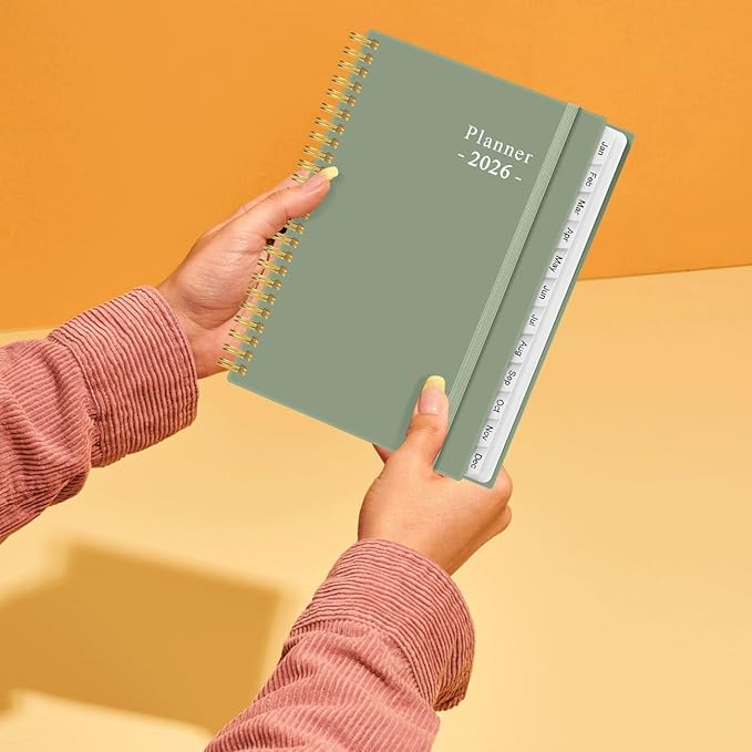 2026 Planner - Planner 2026 from January 2026 - December 2026, Weekly & Monthly Planner Spiral Bound with 12 Monthly Tabs, Inner Pocket, 6.4" x 8.5", Green-E