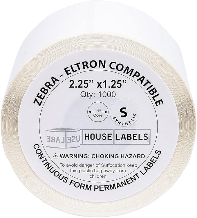 HOUSELABELS 2.25" x 1.25" Address Labels on 1" Core in Polypropylene Compatible with Zebra and Rollo Printers, 1 Roll / 1,000 Labels per Roll