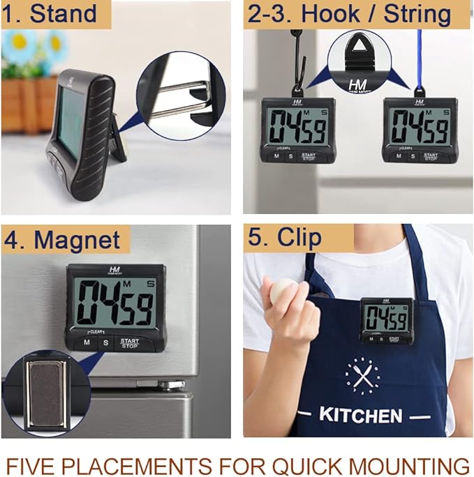 HOME MOST 3" Large Display Kitchen Timer - Digital Timer Magnetic Back Loud Alarm On A Rope- Black Cooking Timers For Kitchen Teachers Students Games Kids Meetings -Sports Timers For Workouts Exercise
