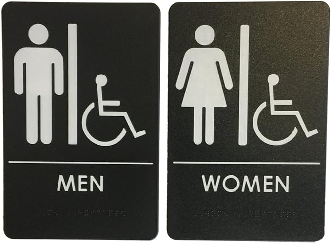 USA Made - Men's and Women's Restroom Signs ADA-Compliant Bathroom Door Signs for Offices, Businesses, and Restaurants, Black, Blue, Grey and Taupe/Tan Colors (Black Handicap)