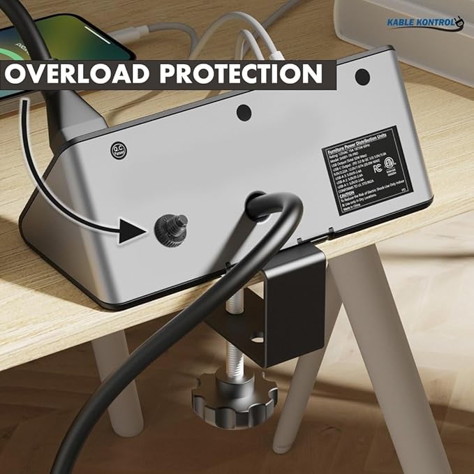 Kable Kontrol Desk Clamp Power Strip with USB-C Port, Nightstand Charging Station, 3 AC Outlets, 3 USB-A Ports, Fast Charger, Easy Installation for Home, Offices, Hotels – 4.9 Ft, Black, 1 Pc