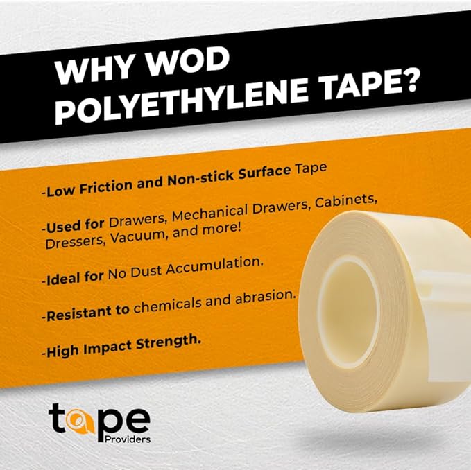 WOD SPT7A UHMW Polyethylene Transparent Film Slick Tape, 1 inch x 36 yd. Aggressive Adhesive - Ideal For Squeak Reduction, Drawers, and Bearings