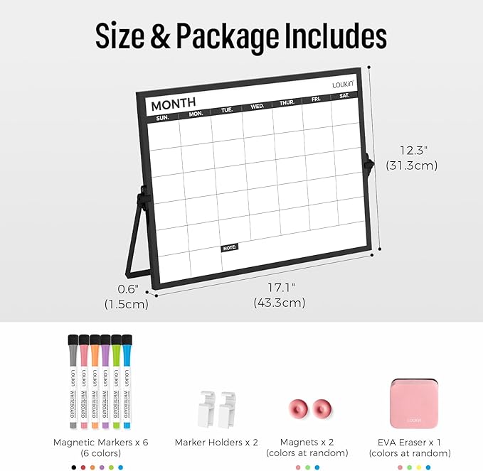 Loukin 17"x12" Dry Erase Calendar,Magnetic Desktop Whiteboard with Stand, Reusable Whiteboard Planner Schedule for Desk, Office, Classroom, 6 Markers & 4 Magnets& 1 Eraser Included