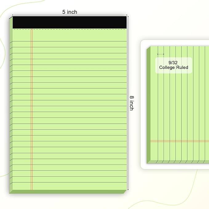 AILZFEI 6pcs Small Note Pad 5x8 College Ruled Green Legal Pads Paper Notepads 6 Pack Study Back Writing Pads 5 x 8 Legal Pads Perforated Narrow Ruled Pads of Paper Green