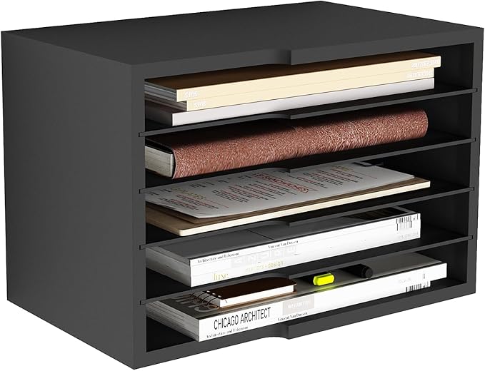 LAPTAIN Desktop File Sorter with 4 Adjustable Shelves for Home and Office, Paper Letter Tray Organizer Wall Mount, Black