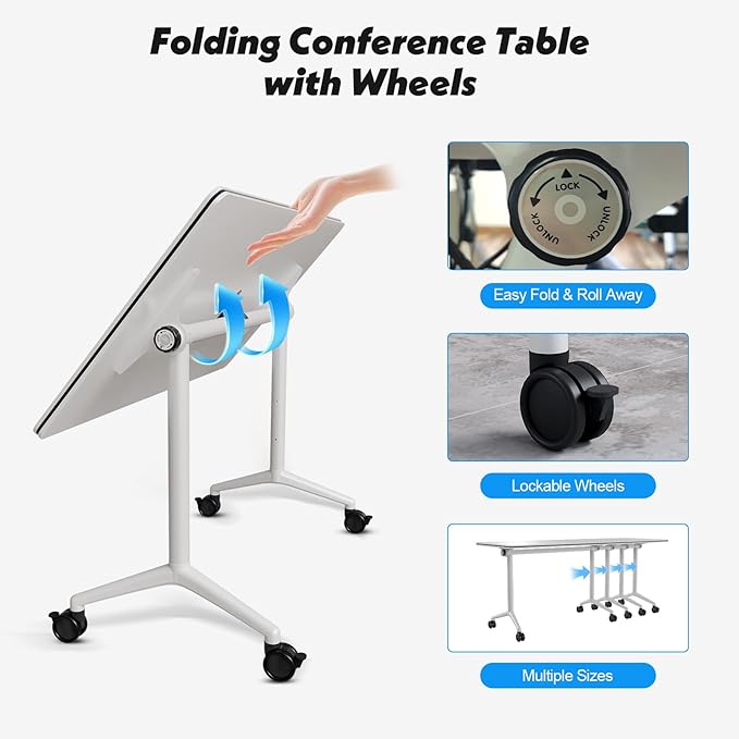 Goakwwuz Conference Room Table, Folding Conference Tables,Thicken Grey Tabletop,Flip Top Wooden Seminar Meeting Room Table for Conference Room Offices (8, White, 47.2“)