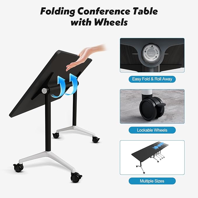 Goakwwuz Conference Room Table, Folding Conference Tables,Thicken Grey Tabletop,Flip Top Wooden Seminar Meeting Room Table for Conference Room Offices (2, Black, 55.1”)