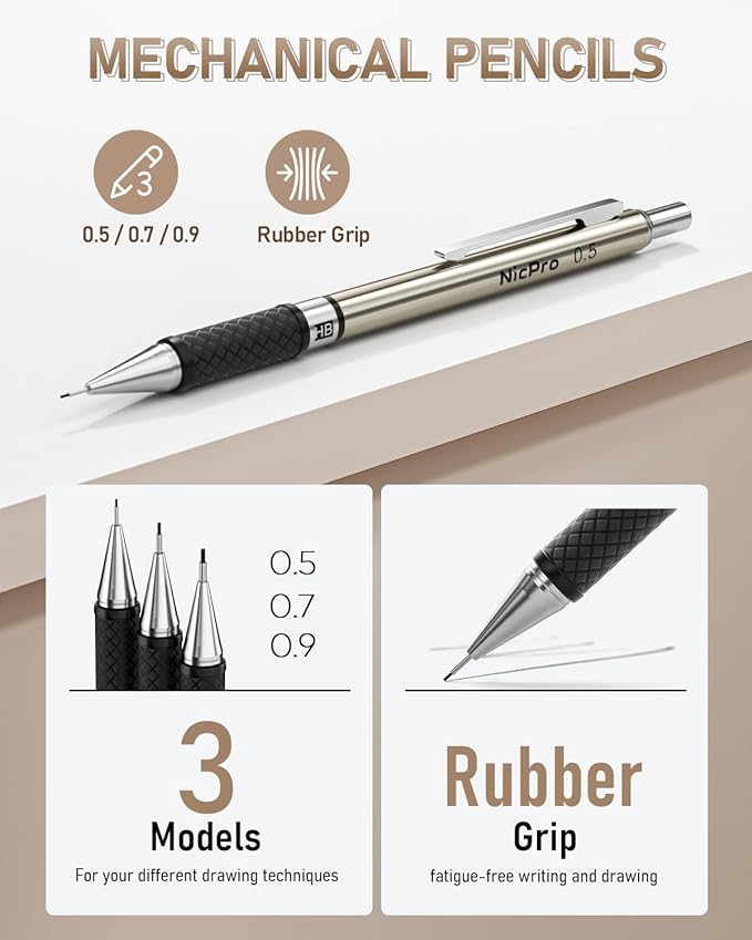 Nicpro 35PCS Art Mechanical Pencil Set, 3 PCS Metal Drafting Pencil 0.5 mm & 0.7 mm & 0.9 mm & 3 PCS 2mm Lead Holder (6B 4B 2B HB 2H 4H Colors) For Sketching Drawing With 20 Tube Lead Refills Case