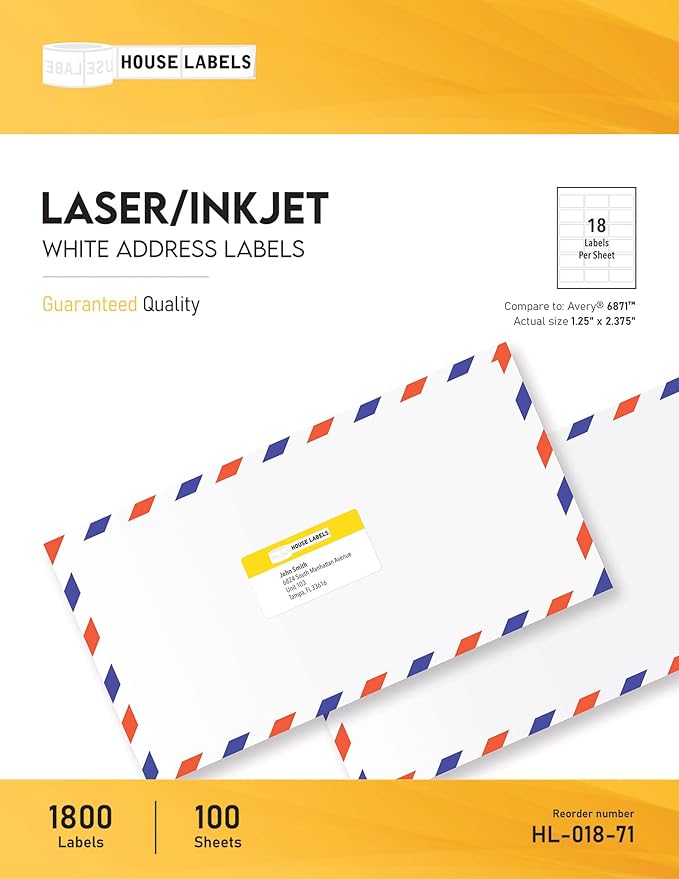HOUSELABELS 18-up Address Labels (2-3/8" x 1-1/4") for Laser and Inkjet Printers, 100 Sheets