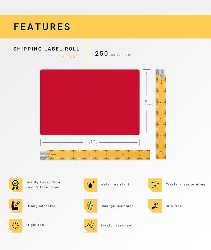 HOUSELABELS 4" x 6" Red Shipping Labels on 1" Core Compatible with Zebra and Rollo Printers, 11 Rolls / 250 Labels per Roll
