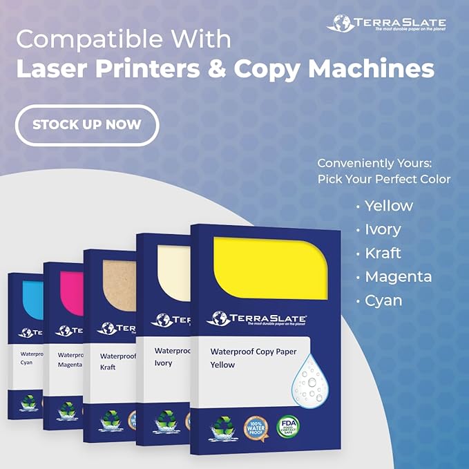 TerraSlate Waterproof Paper, Rip-Proof Colored Paper, Yellow, 25 Sheets, 10 Mil (120lb Cover), 8.5" x 11", Laser Printer and Copy Machine Compatible