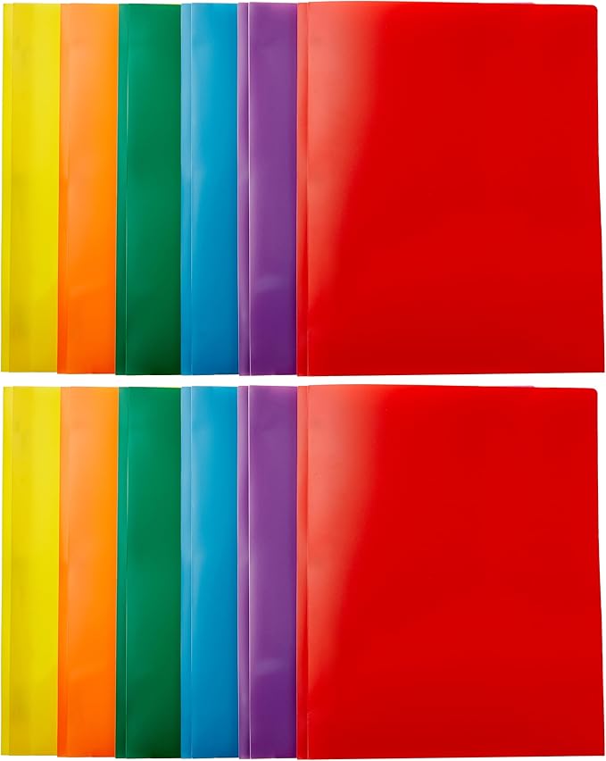 Amazon Basics Heavy Duty Colorful Plastic Folders with 2 Pockets for Letter Size Paper, Pack of 12, Assorted Colors