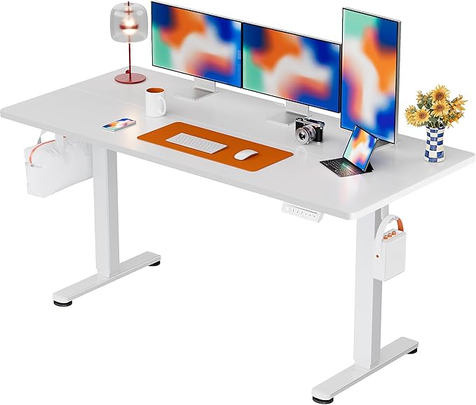 ErGear Height Adjustable Electric Standing Desk, 55 x 28 Inches Sit Stand up Desk, Large Memory Computer Home Office Desk with Two-Piece Desktop (White)