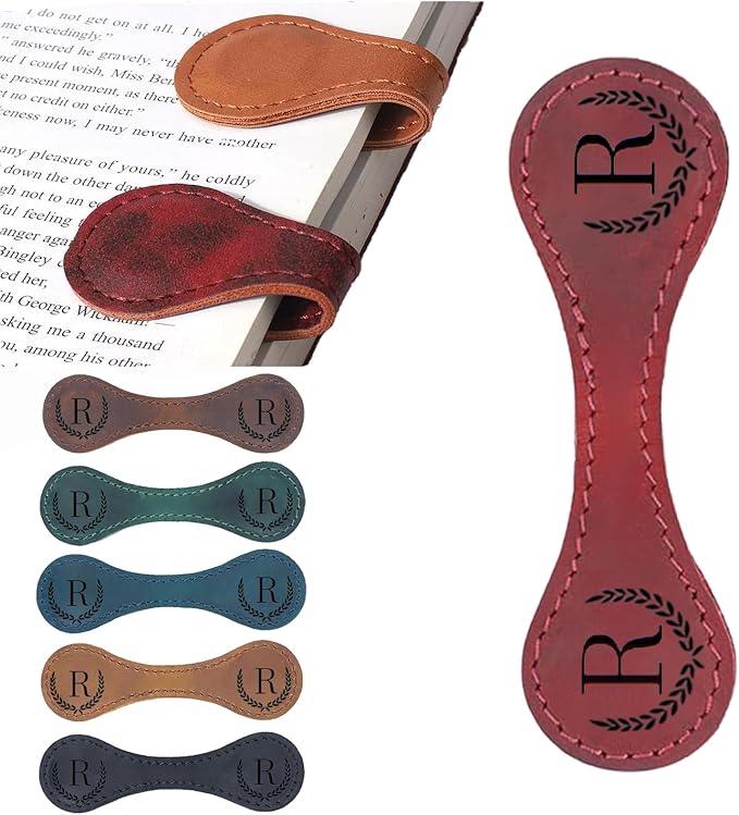 Personalized Magnetic Leather Bookmark, 26 Letters Custom Leather Bookmarks, Handmade, Leather Magnetic Bookmark for Book Lovers Readers Women Kid(Red，R）