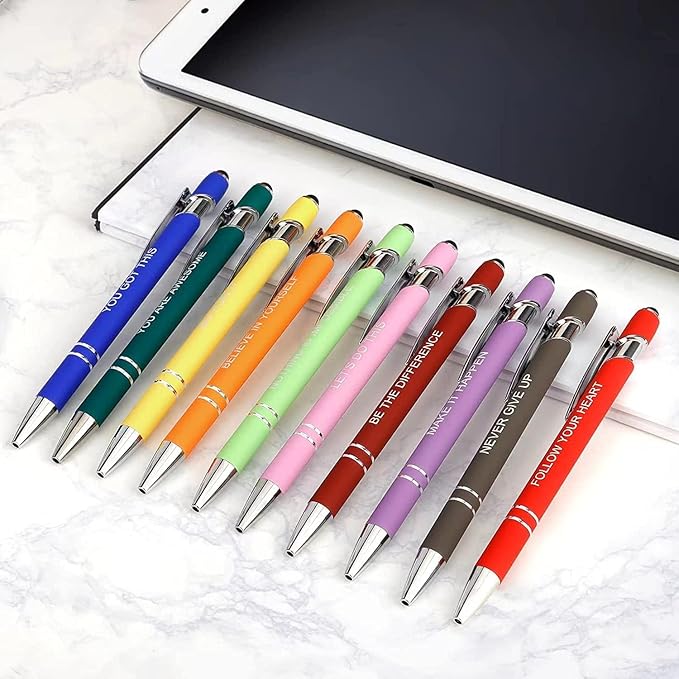 Greengines 10 Pcs Inspirational Pens - Motivational Ballpoint Pens Bulk with quotes Stylus Tip Gifts for School Coworkers Office Supplies Black Ink