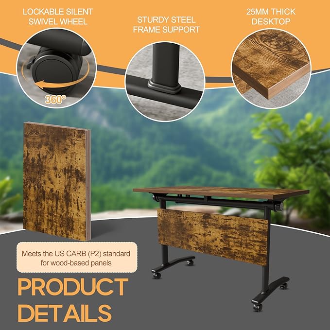 Folding Conference Table 4ft 5ft, Foldable Office Meeting Desk for 6 People, Multiple Sizes Colors Mobile Conference Room Table for Training Room School Business Furniture (6, Brown, 55in)