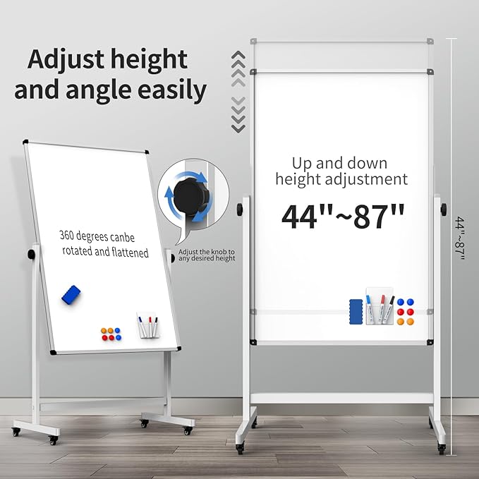 Double-Sided Corkboard Whiteboard, 32 x 48 Inches Dry Erase Board on Wheels, Height Adjustable, Portable Freestanding Board for Office, Planning, and Presentations (Cork & White)