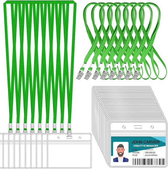 100 Pcs Clear Horizontal Badge ID Card and 100 Pcs Lanyard, Reusable Lanyards for Id Badge Holder Name Tag Badge Holder with Lanyards for Adults Kids Business School Conferences (Green)