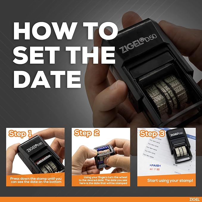 ZIGEL D50 Date Stamp with Your Custom Text - Self Inking Date Stamp - Blue/Red