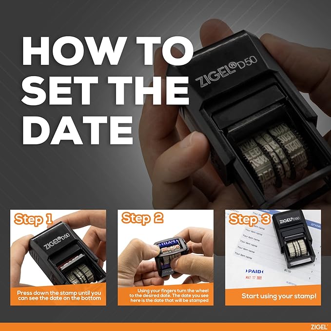 ZIGEL D50 Date Stamp with Your Custom Text - Self Inking Date Stamp - Red