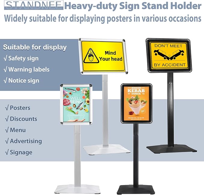 STANDNEE Heavy-duty Poster Stand Holder 11"x 17" Pedestal Floor Standing Sign Holder Vertical and Horizontal View Sign Display, Aluminum Snap Open Frame with Safety Corner, Black